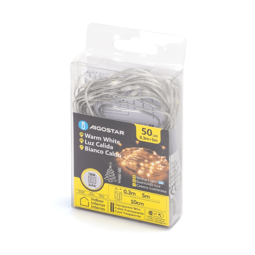 Aigostar - łańcuch świetlny LED, 50 diod/3×AA, długość 5,3 m, ciepła biała