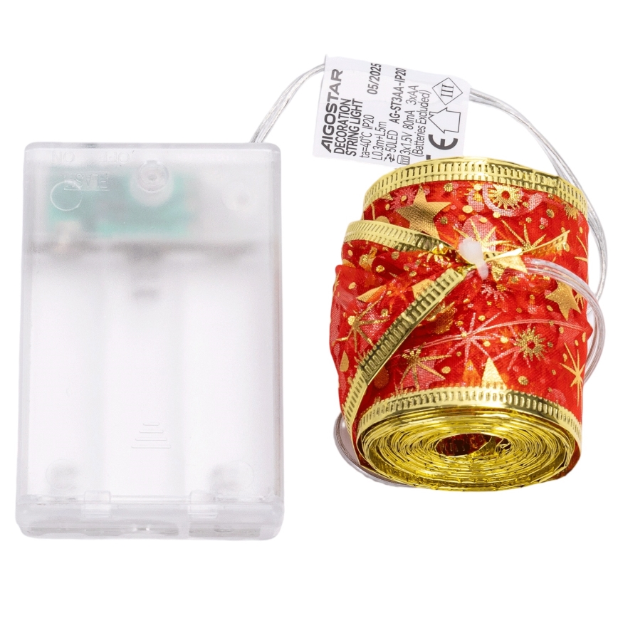 Aigostar - łańcuch świetlny LED 50 diod, 5 m, zasilanie 3×AA, ciepła biała / czerwona