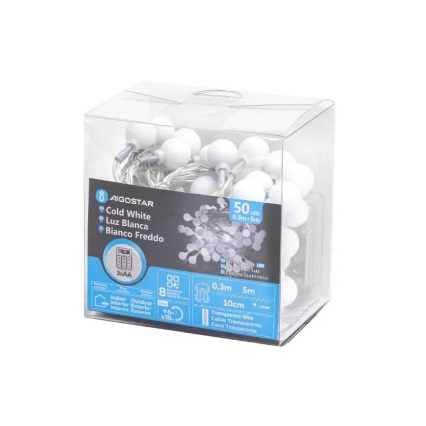 Aigostar - Łańcuch świetlny zewnętrzny LED 50xLED/3xAA/8 funkcji 5,3 m IP44 zimne białe światło