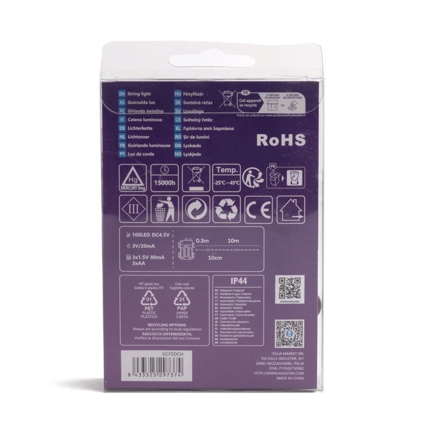 Aigostar-LED Zewnętrzny łańcuch świąteczny 100xLED/8 funkcji 3xAA 10,3m IP44 wielokolorowy