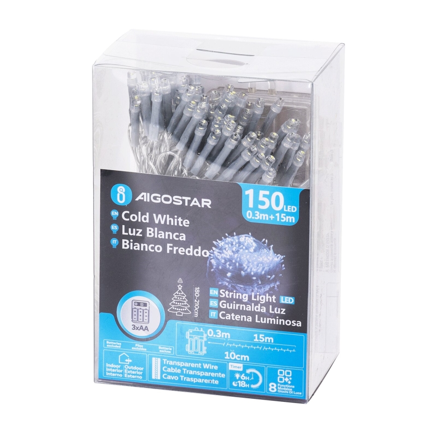 Aigostar - Zewnętrzny łańcuch świąteczny LED 150xLED/8 funkcji 15,3m IP44 zimna biel