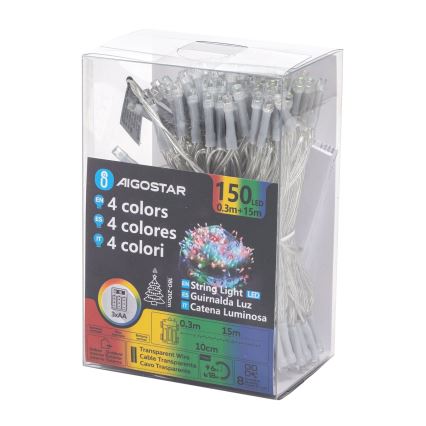 Aigostar - LED Zewnętrzny łańcuch świąteczny 150xLED/8 funkcji 3xAA 15,3m IP44 wielokolorowy