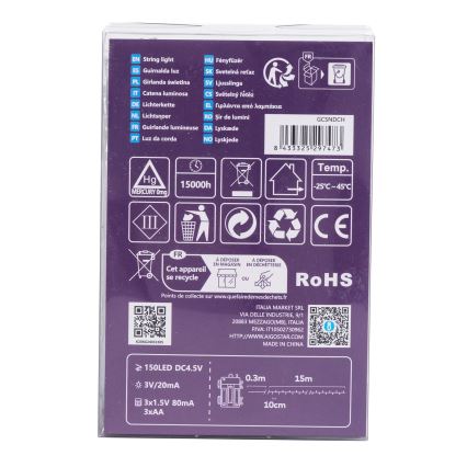 Aigostar - LED Zewnętrzny łańcuch świąteczny 150xLED/8 funkcji 3xAA 15,3m IP44 wielokolorowy