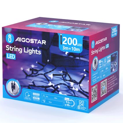 Aigostar - Zewnętrzny łańcuch świąteczny LED 200xLED/8 funkcji 13m IP44 zimna biel