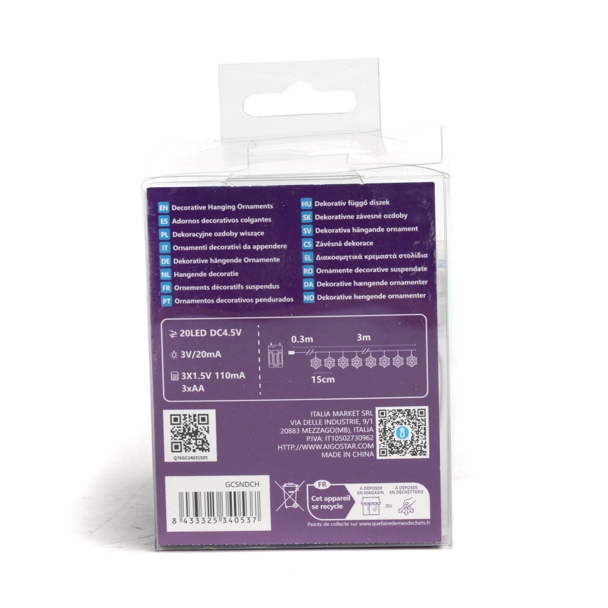 Aigostar - LED Łańcuch świąteczny 20xLED/3xAA 3,3m płatki śniegu