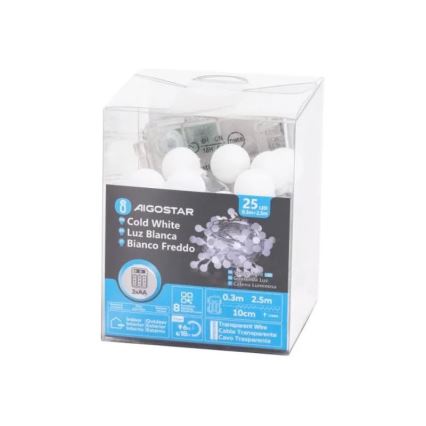 Aigostar - Zewnętrzny łańcuch świąteczny LED 25xLED/3xAA/8 funkcji 2,8 m IP44 zimna biel