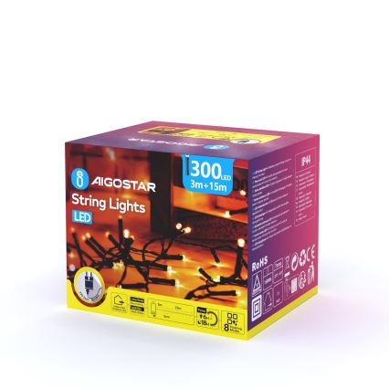 Aigostar - LED Zewnętrzny łańcuch świąteczny 300xLED/8 funkcji 18m IP44 ciepła biel