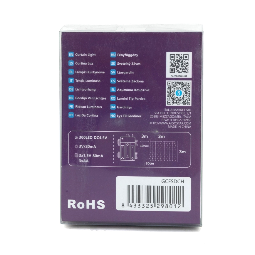 Aigostar-LED Zewnętrzny łańcuch świąteczny 300xLED/8 funkcji 3xAA 6x2m IP44 zimna biel