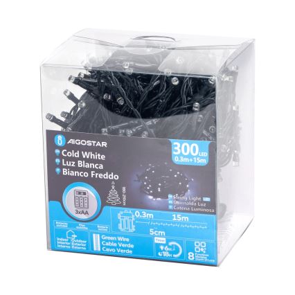 Aigostar - Zewnętrzny łańcuch świąteczny LED 300xLED/8 funkcji 15,3m IP44 zimna biel