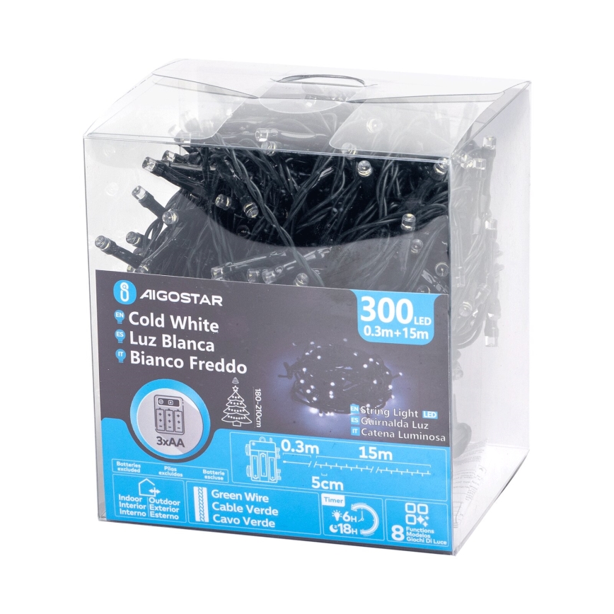 Aigostar - Zewnętrzny łańcuch świąteczny LED 300xLED/8 funkcji 15,3m IP44 zimna biel