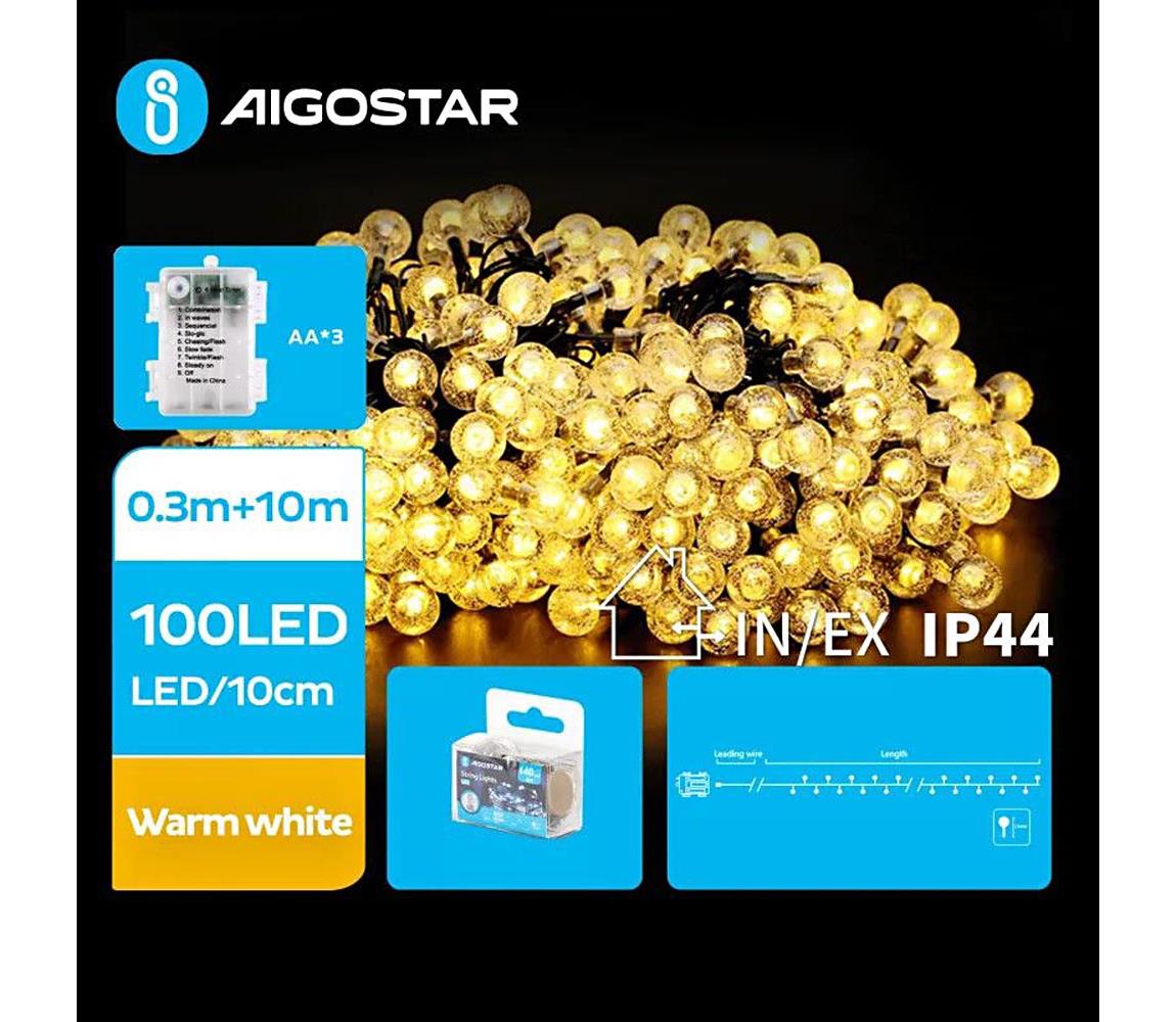 - LED łańcuch zewnętrzny, 100 diod LED, zasilanie 3xAA, 8 funkcji, długość 10,3 m, IP44, ciepłe białe światło