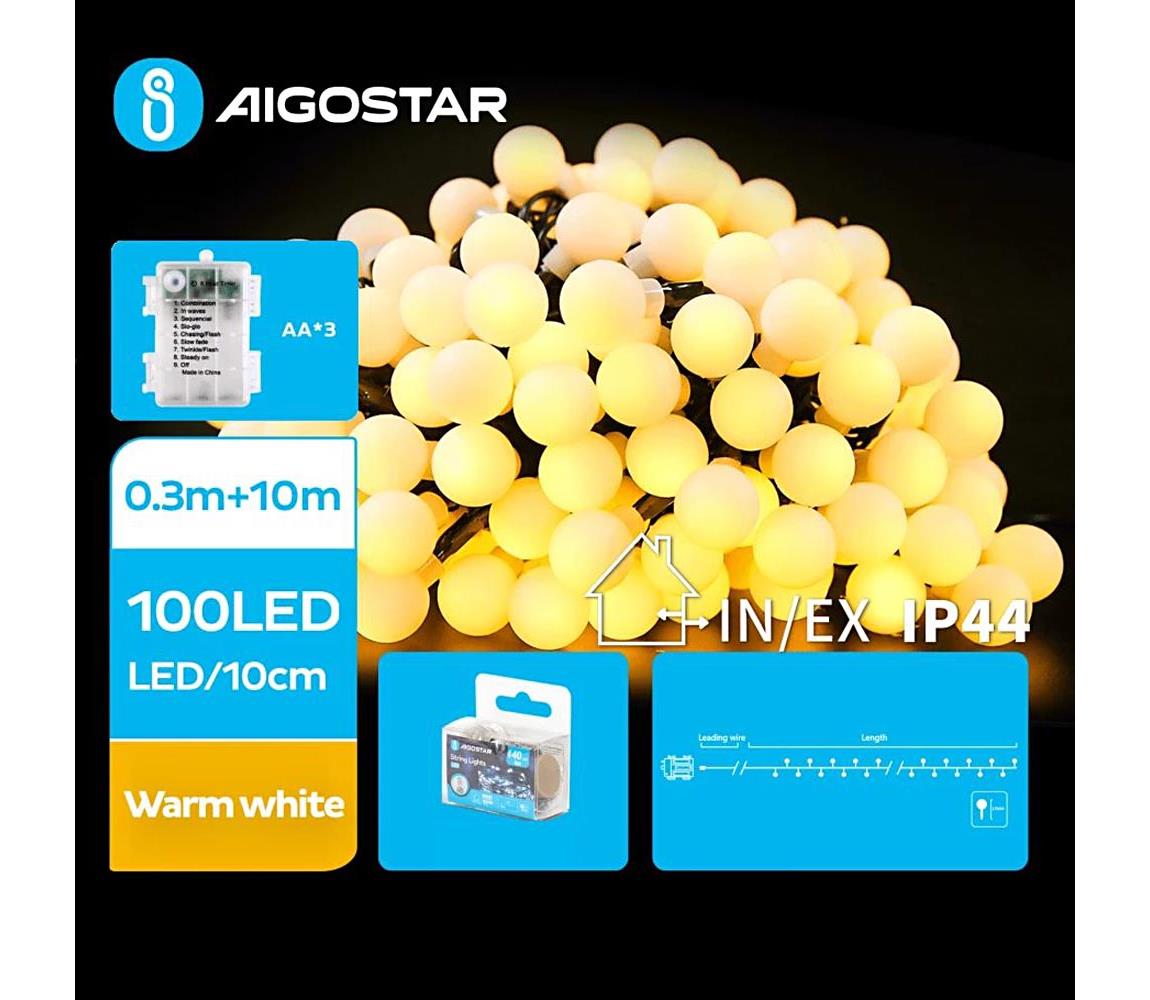 - LED Łańcuch zewnętrzny 100xLED/3xAA/8 funkcji 10,3 m IP44 ciepła biel