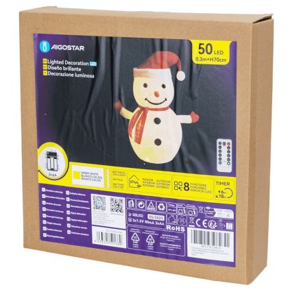 Aigostar - LED świąteczna dekoracja zewnętrzna 50xLED/3xAA 0,7m IP44 bałwan + pilot zdalnego sterowania