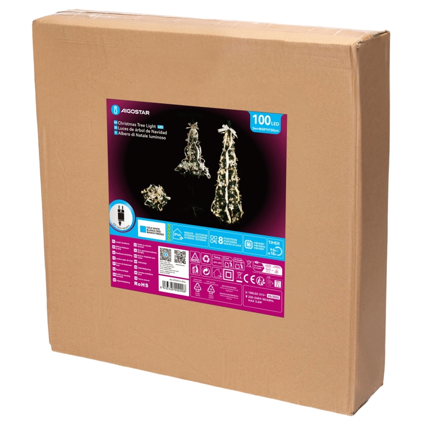 Aigostar - Zewnętrzna choinka świąteczna LED, 100 diod LED, 1,5 m, IP44, biało-złota, zimna biel