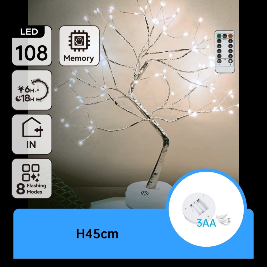 Aigostar - LED dekoracja świąteczna, 108 LED, zasilanie 3×AA, 8 trybów, 45 cm, zimne białe światło