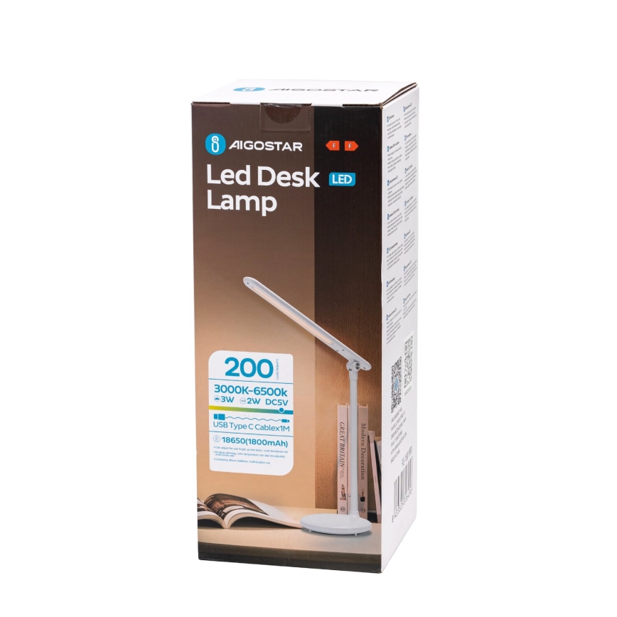 Aigostar - LED regulowana dotykowa lampka biurkowa z ładowaniem LED/3W/5V 2700/4000/6500K 1800 mAh