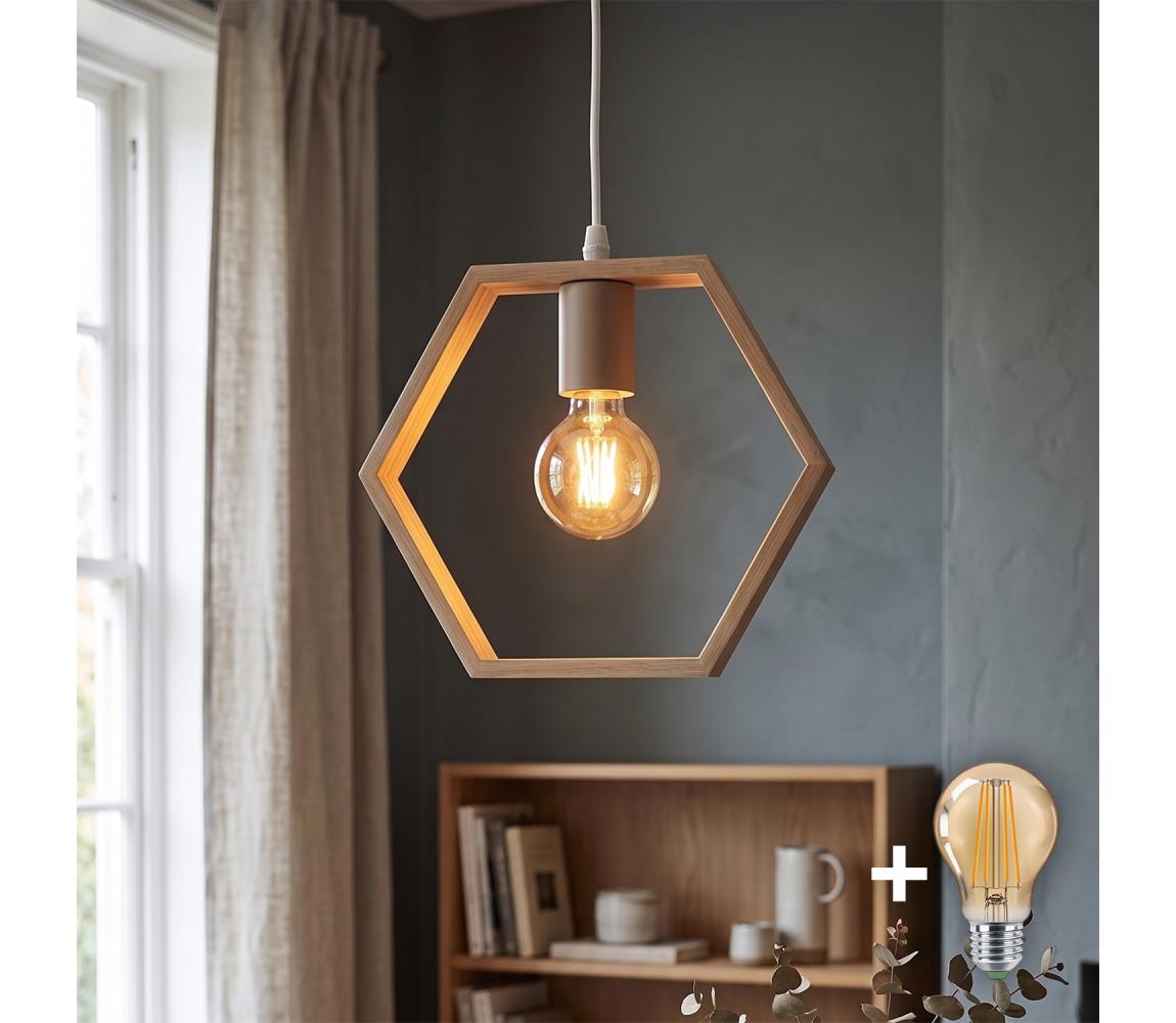 - LED drewniany żyrandol na lince 1xE27/9W/230V 2200K sosnowy