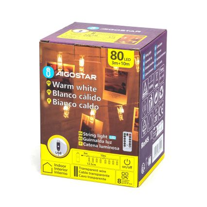 Aigostar - LED girlanda dekoracyjna, 80 diod LED, 5 W, USB, 13 m, ciepła biel