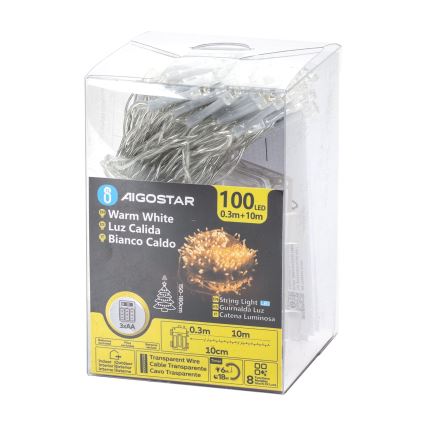 Aigostar -LED girlanda zewnętrzna 100xLED/8 trybów 3xAA 10,3m IP44 ciepła biel