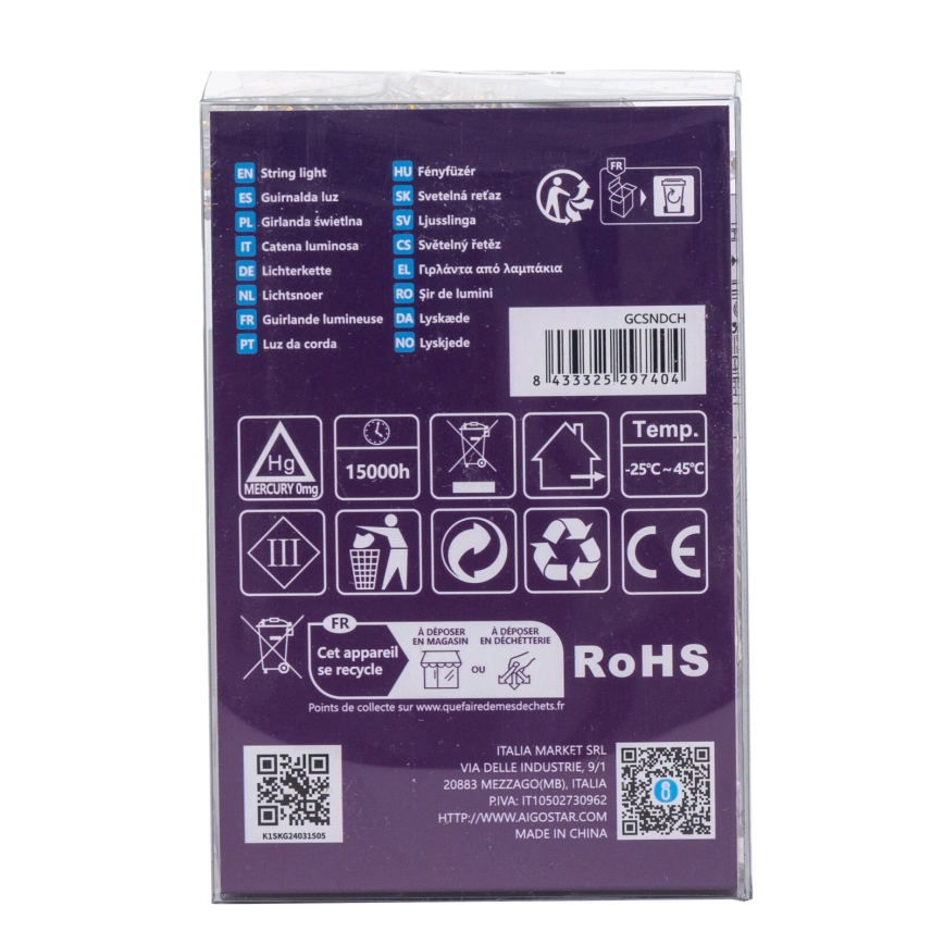 Aigostar -LED girlanda zewnętrzna 100xLED/8 trybów 3xAA 10,3m IP44 ciepła biel