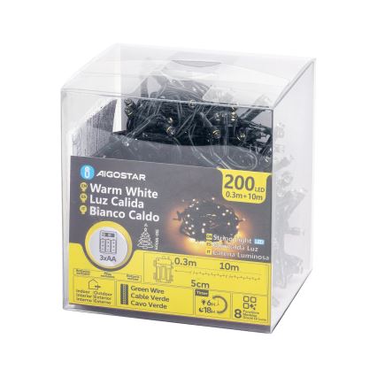 Aigostar - zewnętrzny łańcuch LED 200xLED/8 funkcji 3xAA 10,3m IP44 ciepła biel