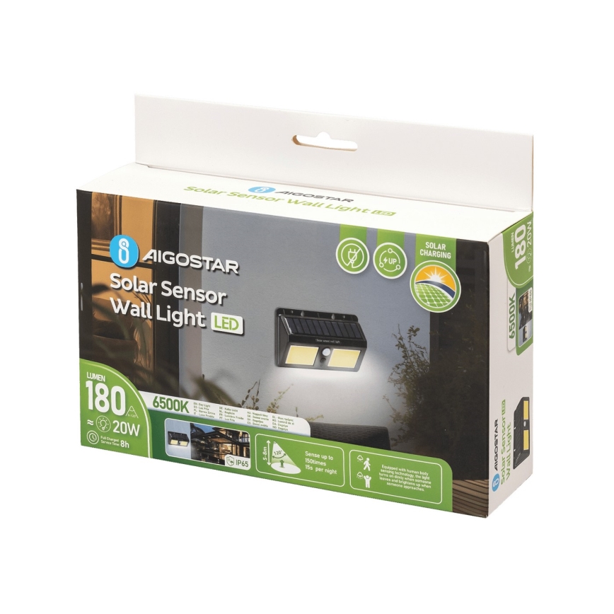 Aigostar - LED Kinkiet solarny z czujnikiem LED/20W/5,5V 2400 mAh 6500K IP65