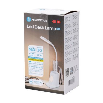 Aigostar - LED regulowana lampka biurkowa z ładowaniem LED/2,8W/5V 1800mAh 3000/5000K biała