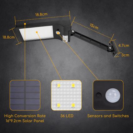 Aigostar - LED Solarna lampa uliczna z czujnikiem LED/2,3W/5,5V 1800 mAh IP65