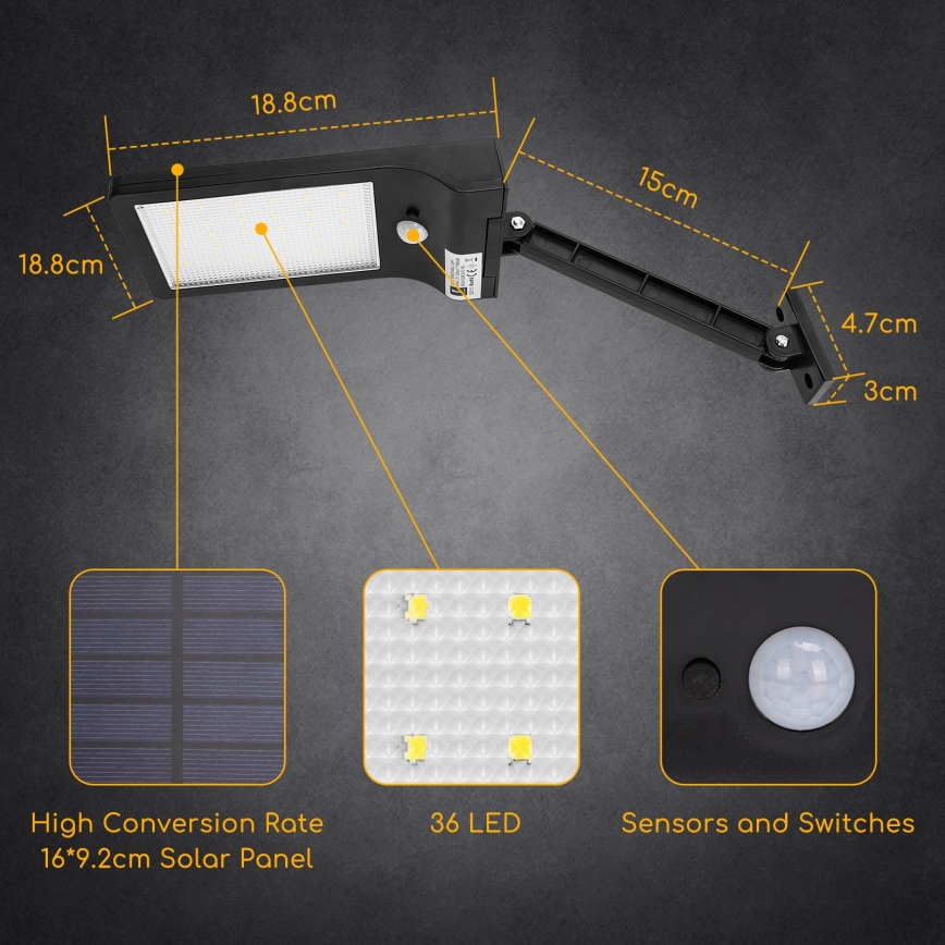 Aigostar - LED Solarna lampa uliczna z czujnikiem LED/2,3W/5,5V 1800 mAh IP65