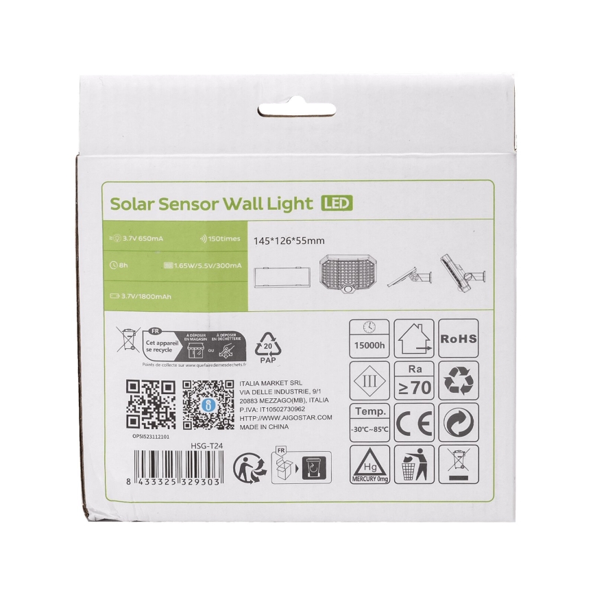 Aigostar - LED Lampa solarna z czujnikiem ruchu LED/2,4W/3,7V IP65
