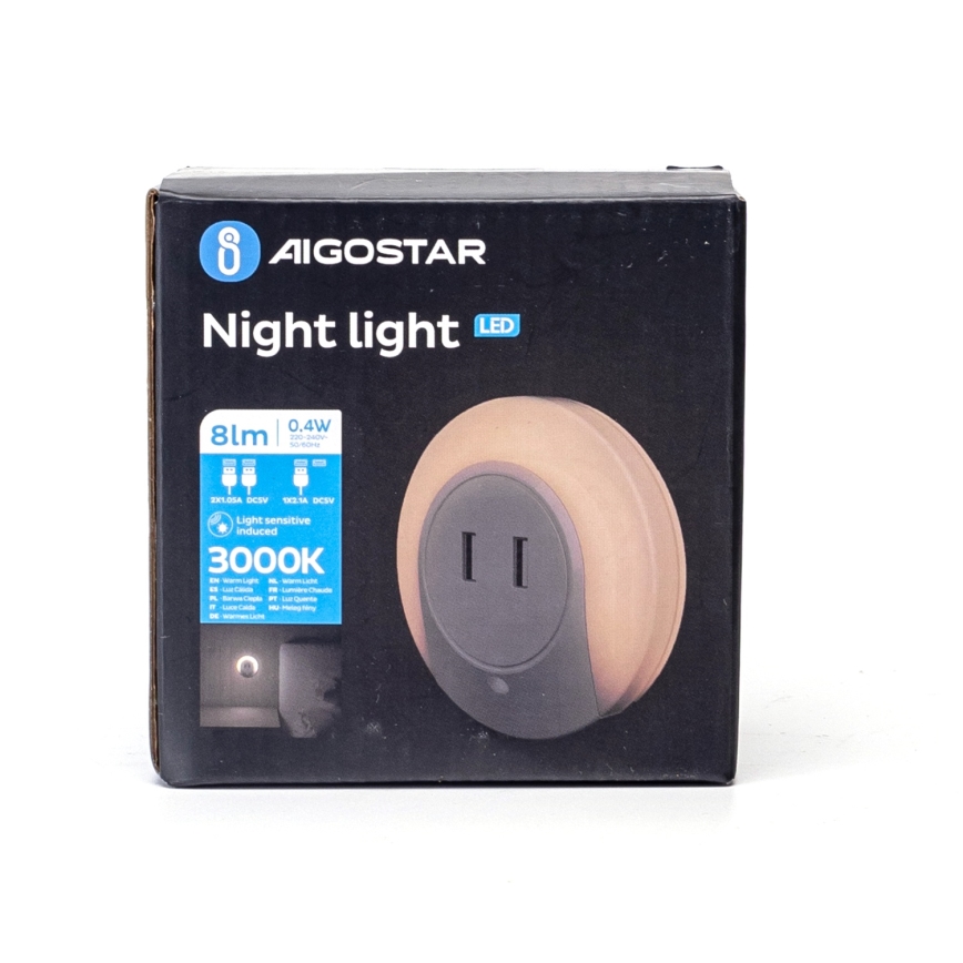 Aigostar - LED lampka nocna z czujnikiem zmierzchu do gniazdka z USB LED/0,4W/230V
