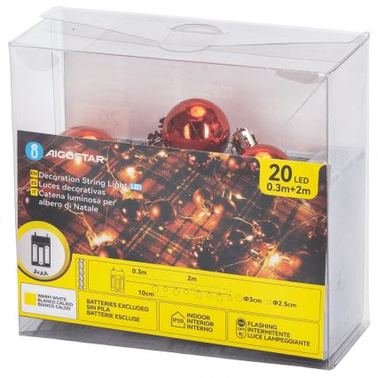 Aigostar - LED lampki choinkowe 20xLED/3xAA 2m ciepła biała