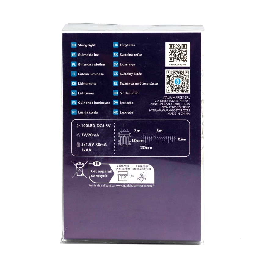 Aigostar - LED zewnętrzny łańcuch świąteczny 100xLED/8 funkcji 3xAA 8x0,6m IP44 ciepła biel