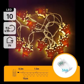 Aigostar - LED lampki świąteczne 10xLED/3xAA 1,5 m, ciepła biała, renifer