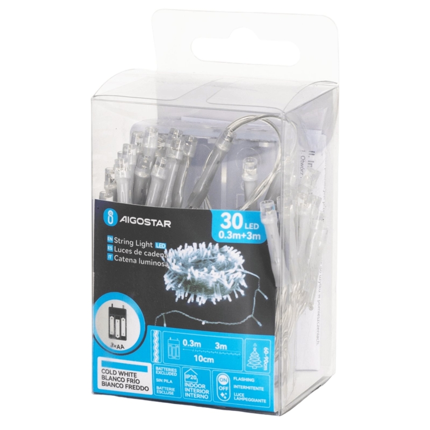 Aigostar - LED lampki świąteczne 30xLED/3xAA 3,3m zimnobiałe
