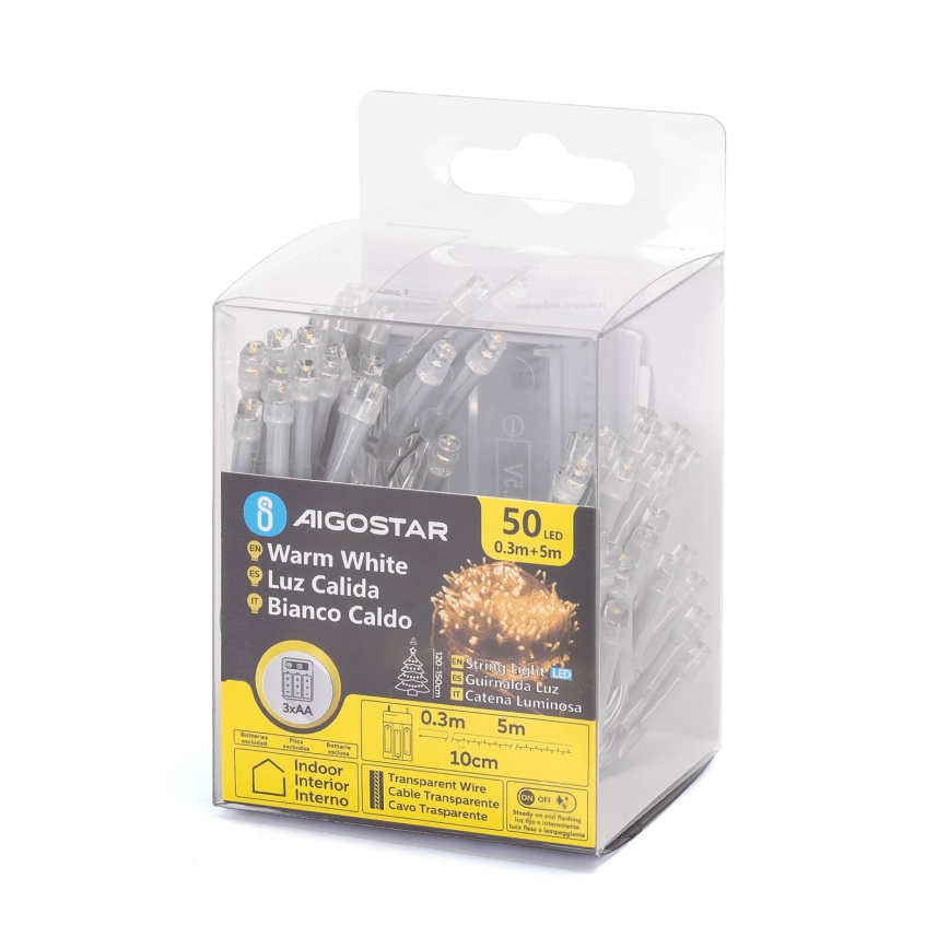 Aigostar - LED lampki świąteczne 50xLED/3xAA 5,3m ciepła biel