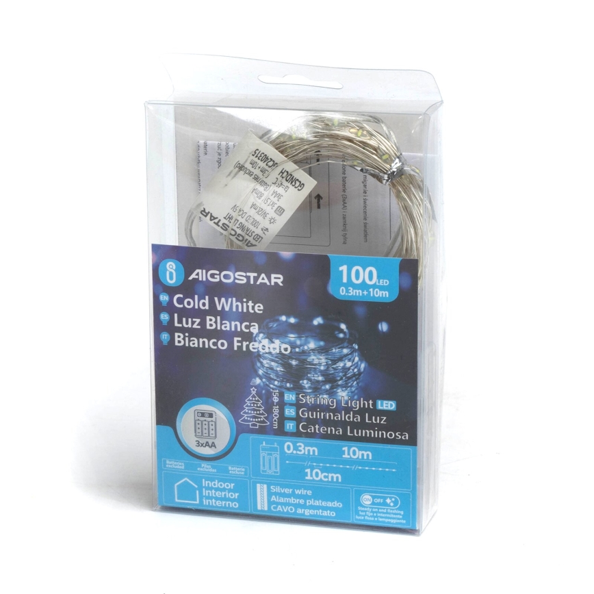 Aigostar - LED Łańcuch bożonarodzeniowy 100xLED/3xAA 10,3m zimna biel