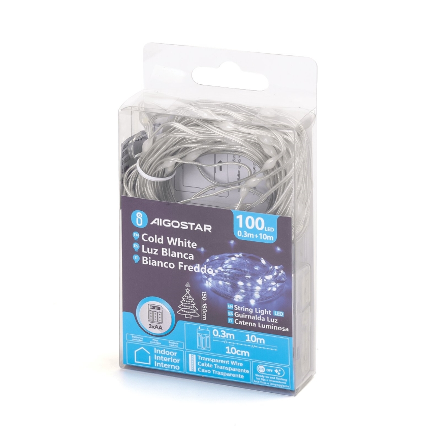 Aigostar - LED Łańcuch bożonarodzeniowy 100xLED/3xAA 10,3m zimna biel