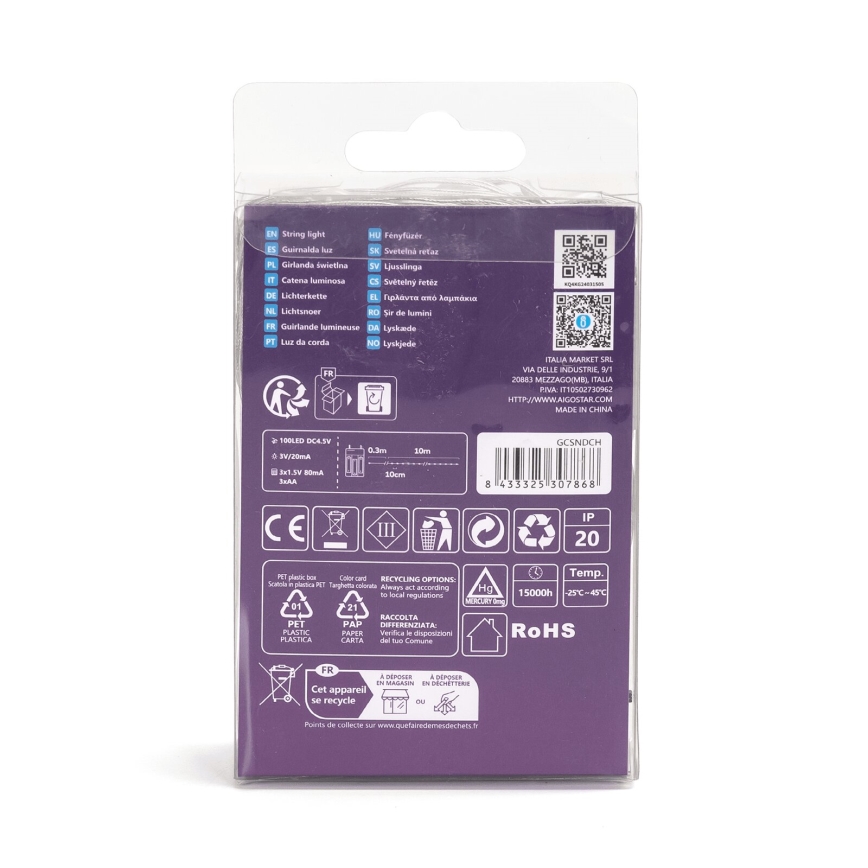 Aigostar - LED Łańcuch bożonarodzeniowy 100xLED/3xAA 10,3m zimna biel