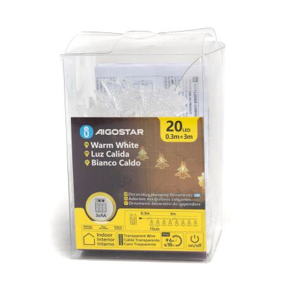 Aigostar - LED Łańcuch bożonarodzeniowy 20xLED/3xAA 3,3m drzewa