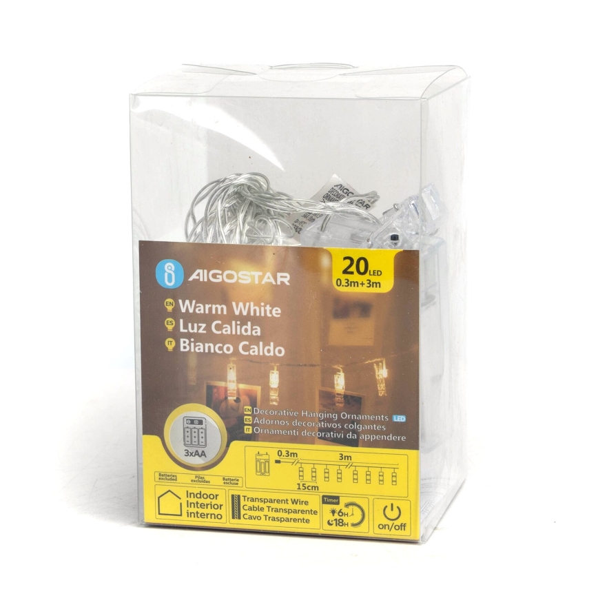 Aigostar - LED Łańcuch dekoracyjny with pegs 20xLED/3xAA 3,3m ciepła biel