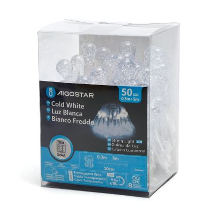 Aigostar - Zewnętrzny dekoracyjny łańcuch LED 50xLED/8 funkcji/3xAA 5,3m IP44 zimna biel