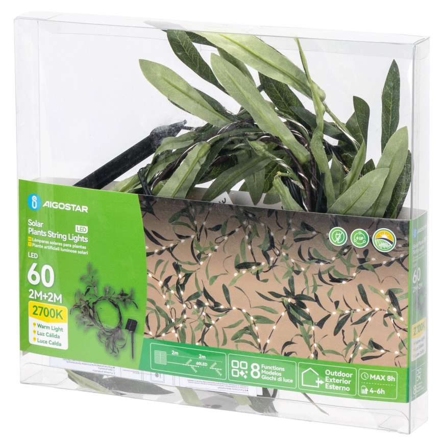 Aigostar - LED Łańcuch solarny 60xLED/4m IP65 300 mAh ciepła biel olive