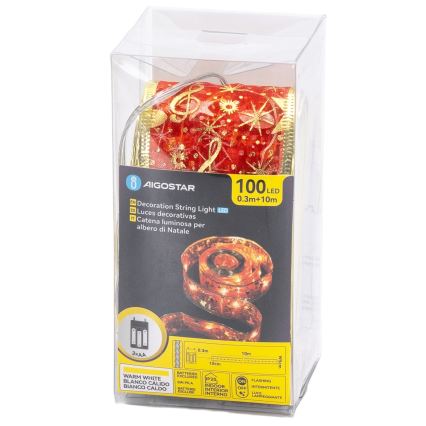 Aigostar - LED łańcuch świąteczny 100xLED/3xAA 10 m, ciepła biała, czerwona