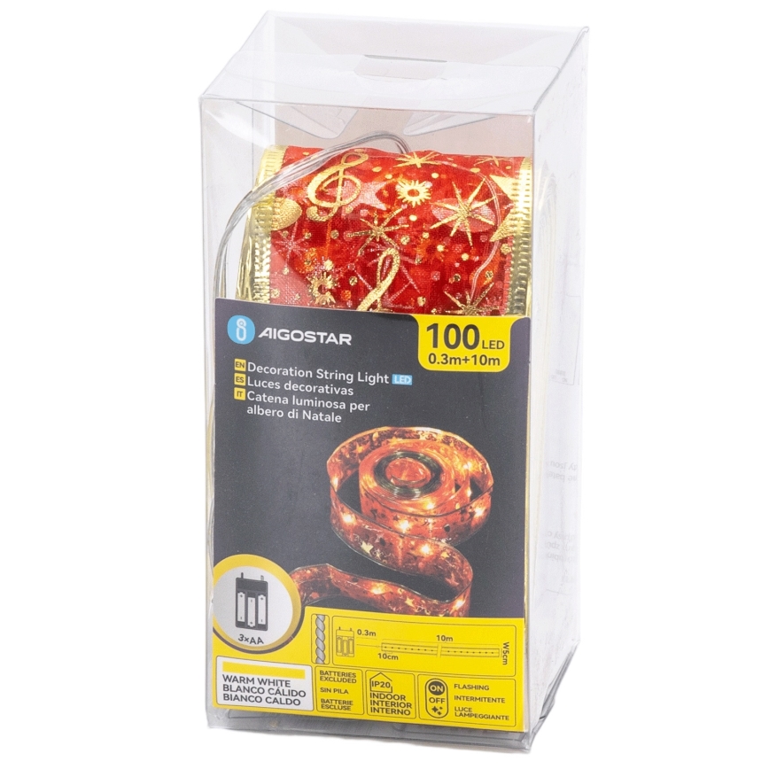 Aigostar - LED łańcuch świąteczny 100xLED/3xAA 10 m, ciepła biała, czerwona