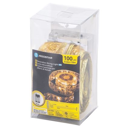 Aigostar - Lampki choinkowe LED 100xLED/3xAA, 10 m, ciepłe białe, złote