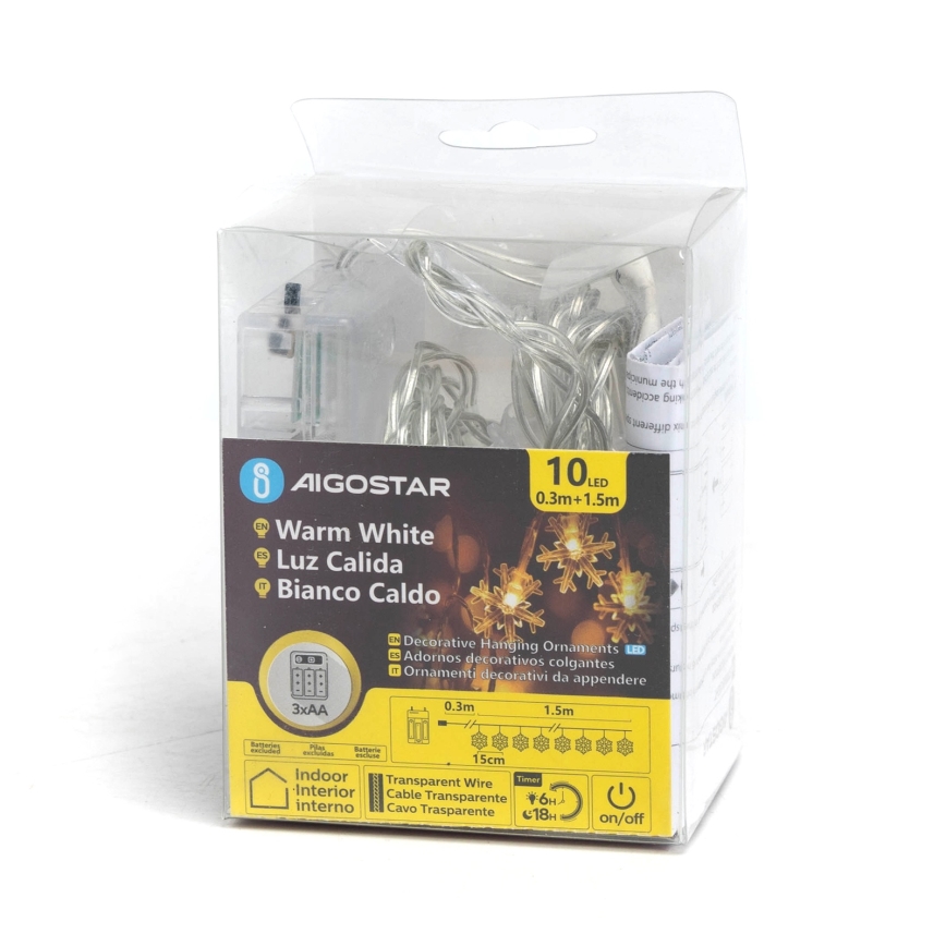 Aigostar - LED łańcuch świąteczny 10xLED/3xAA 1,5m ciepłe białe śnieżynki