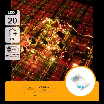 Aigostar - LED łańcuch świąteczny, 20 diod LED, zasilanie 3×AA, 2 m, ciepła biel