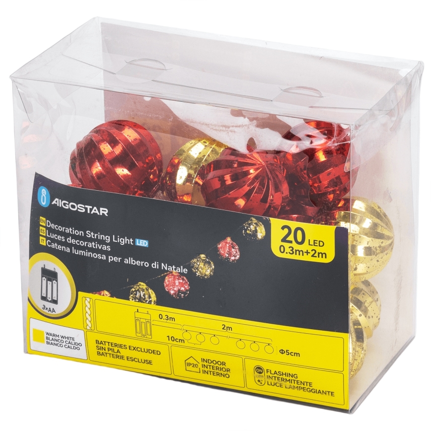 Aigostar - LED łańcuch świąteczny 20xLED/3xAA 2 m, ciepłe białe światło