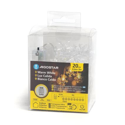 Aigostar - LED łańcuch świąteczny 20xLED/3xAA 3,3m płatki śniegu